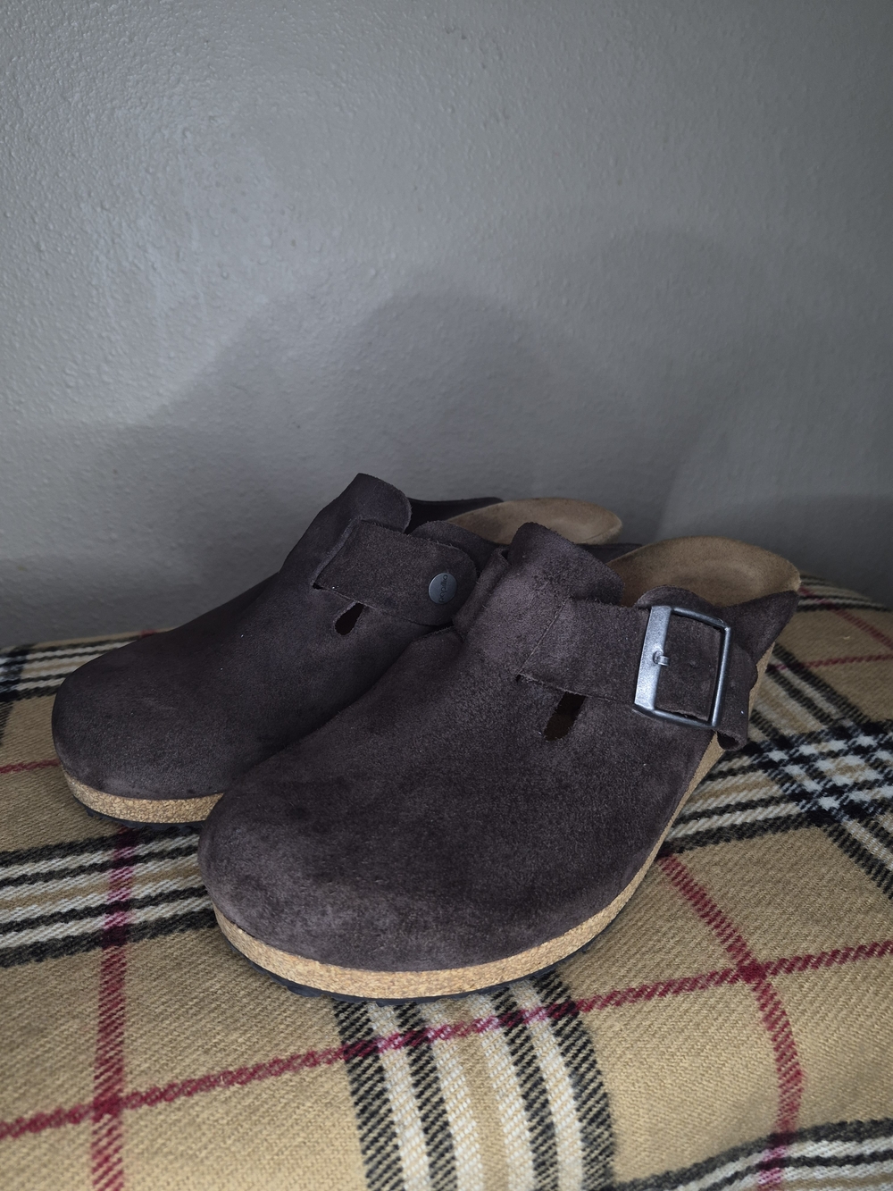 Birkenstock Popillio Dark Brown Suede Slip-On Clog Wedge with Buckle